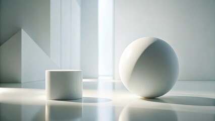 Leinwandbilder - Minimalist White Cylinder and Sphere on Reflective Surface