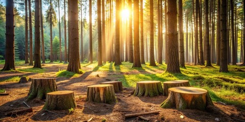 Aufkleber - Golden Sunlight Filtering Through a Forest of Tall Trees, Illuminating Tree Stumps on the Forest Floor