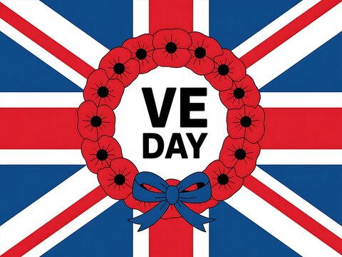 A poignant poppy wreath remembers VE Day on a bold Union Jack, a symbol of peace and remembrance.