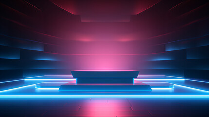 Fototapete - A high-tech, futuristic background with neon glow, perfect for press conferences, product displays, gaming stages, and digital presentations with a sleek, modern design.

