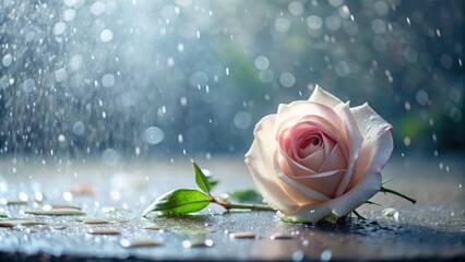 Poster - A single pale rose, delicately resting on a wet surface, is illuminated by the soft glow of raindrops falling gently, creating a serene and romantic atmosphere.