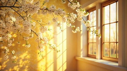 Aufkleber - Golden sunlight streams through a window, illuminating delicate cherry blossoms and casting warm shadows on a room's interior wall.