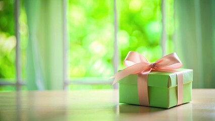 Poster - A pastel green gift box with a delicate pink ribbon sits on a light wooden surface, bathed in the soft glow of sunlight filtering through a sheer curtain and a bright, blurred natural backdrop.