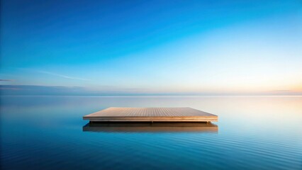 Poster - Serene sunrise over tranquil water, featuring a floating wooden platform perfect for peaceful contemplation and relaxation