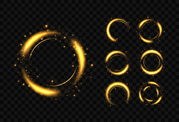 Wall Mural - flash flies in a circle in a luminous ring. set of gold light circles with sparkles. magic golden tw