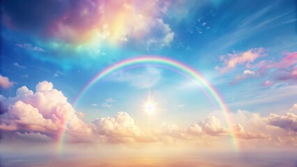 Poster - A Serene Panorama of a Vibrant Rainbow Arcing Across a Dreamlike Sky Filled with Soft, Pastel Clouds and a Radiant Sun