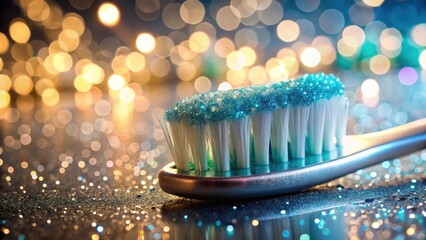 Aufkleber - A Sparkling Clean Festive Toothbrush Head Glistens with Teal Glitter Against a Shimmering Background of Golden and Blue Lights