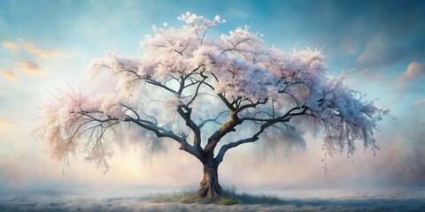 Poster - Serene Blossom Tree in a Misty Dawn Landscape, a Breathtaking Scene of Nature's Tranquility