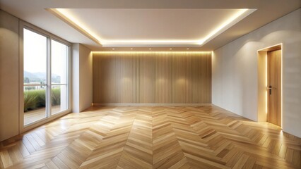 Aufkleber - Empty Room Interior Design with Herringbone Wood Floor, Accent Wall, and Large Window