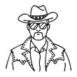 © Kiss - Cowboy Line Art Illustration with Hat Sunglasses and Jacket for Tattoo or Coloring Book