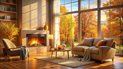 Fototapete - Cozy Autumn Living Room with Fireplace and Large Window Showing Fall Foliage