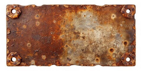 Poster - A heavily rusted metallic plate, exhibiting significant corrosion and age, featuring four corner fasteners with visible wear