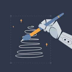 robot hand uses brush and drawing in graphic editor program on computer. neural network or chat bot 