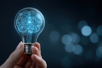 hand holding light bulb with digital brain inside representing ideas and innovation