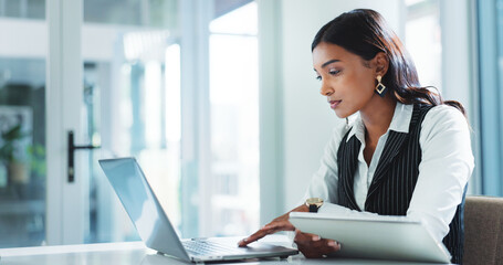 Poster - Office, serious and business woman on laptop for insurance, risk management or policy sales on internet. Technology, tablet or employee reading email for financial coverage, review claims or research