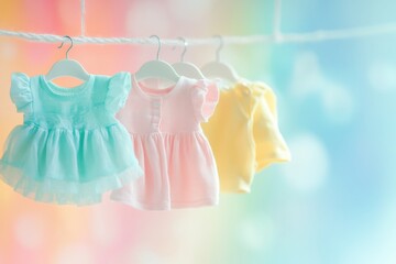 Poster - Delicate baby clothing hangers display tiny dresses and shirts on a soft, vibrant background for a dreamy and clean aesthetic in a cozy nursery setting