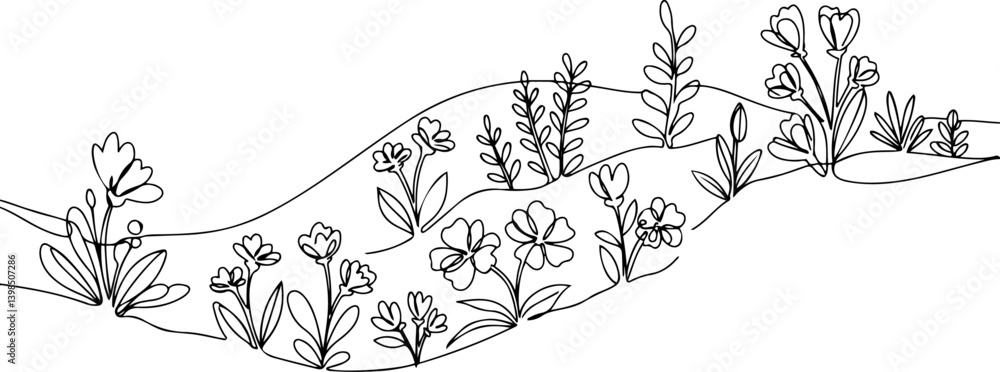 Various wildflowers and foliage growing along a curved ground line on ...