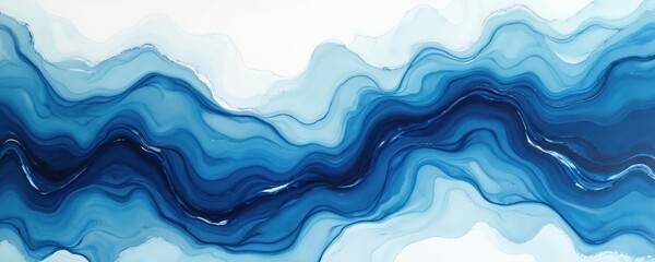 Fototapete - Abstract art with flowing blue paint texture. Modern luxury wallpaper design with waves, lines, splashes. Ink painting with fluid watercolor effect. Elegant background for decoration, artistic themes.