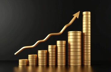 Poster - 3d rendering illustration shows financial growth concept. Golden coins arranged like growing chart with upward arrow. Symbolizes business success wealth profit market increase.