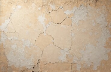 Poster - Beige cracked plaster texture with rubbed white paint elements. Pastel tone street wall, rough grunge concrete background, vintage, old, weathered, fractured. Can be used as background.