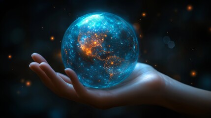 Close-up of a man's hand holding a blue, glowing, futuristic energy sphere with holographic symbols.