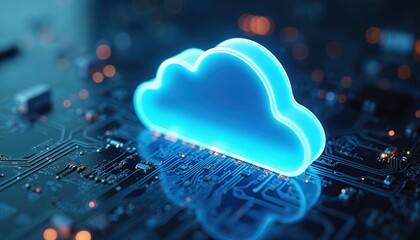 Aufkleber - Digital cloud computing concept with illuminated neon cloud symbol on circuit board. Modern tech, data processing, cyberspace security, digital transformation, innovation and global network.