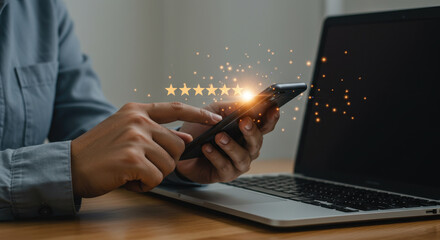 Wall Mural - five-star feedback: boost your business with glowing reviews & tech. mobile rating, customer satisfa