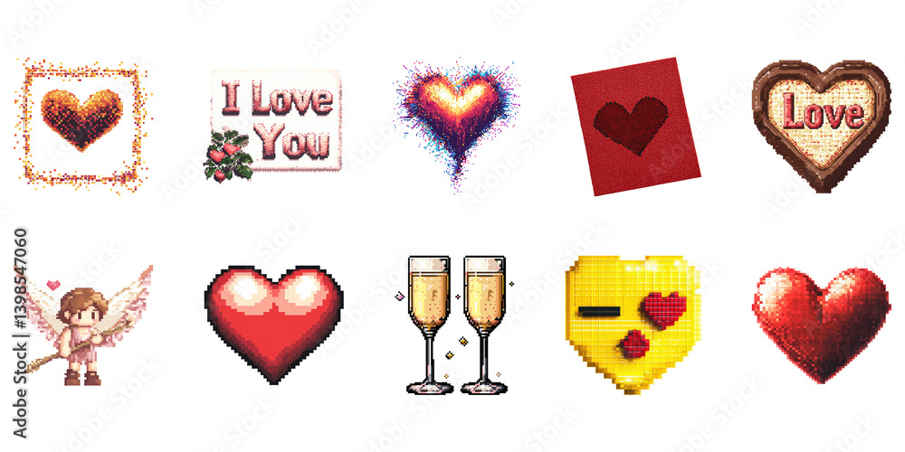 Valentine'S Day Pixel Art Set. Romantic Symbols And Love Expressions ...