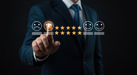 Wall Mural - customer satisfaction: man giving feedback with touchscreen interface, stars & smiley faces. rate ex