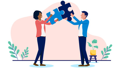 Fototapete - Solving problem in business - Two people working on method for logic and systematic jigsaw puzzle assembly and connections. Flat design vector graphic illustration