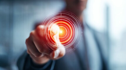 A hand is touching a digital interface with a glowing circle in a technology concept.