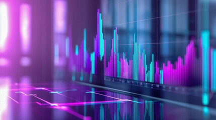 Close-up of a digital financial chart, highlighted in vibrant teal and purple tones, showcasing market trends.