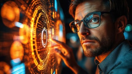 Focused professional interacts with a futuristic holographic interface