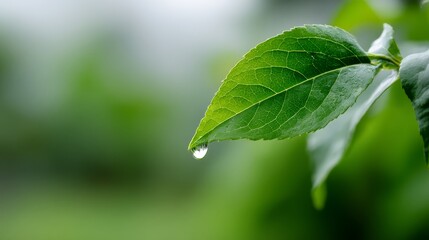 Poster - A droplet clings delicately to the tip of a leaf, showcasing its transparency and grace against a backdrop of soft, blurred green foliage