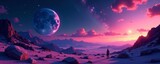 Alien landscape with two moons and colorful starry sky, moonscape, celestial, otherworldly