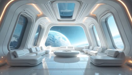 Wall Mural - futuristic spaceship interior with bright lighting and modern design. white cabin space with large w