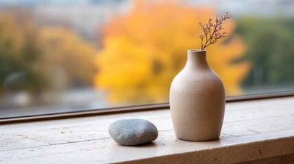 Aufkleber - A close-up captures a modern matte vase with delicate flowers beside a smooth stone on a windowsill, with glowing autumn trees seen through the glass