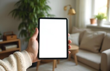 Poster - Close-up of person holding modern tablet device blank white screen. Digital gadget mockup for app, website presentation. Using tablet at home. Empty display for advertisement.