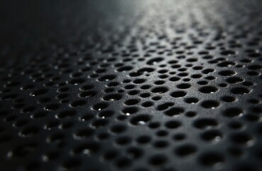 Fototapete - Macro photo of dark perforated surface. Perforated material texture. Water droplets on black background. Circular holes, industrial design. Perfect for tech backgrounds, industrial, manufacturing,