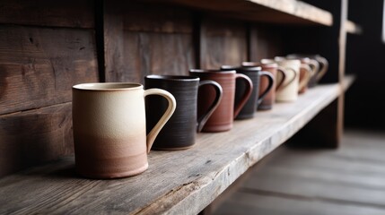 Poster - Handcrafted ceramic cups are neatly arranged on rustic wooden shelving, with soft daylight highlighting their unique textures and glazes