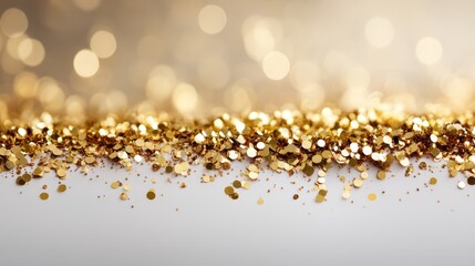 Poster - Soft golden particles float gracefully in the air, forming a blurred bokeh effect. The warm glow radiates an inviting atmosphere with ample copy space on the right