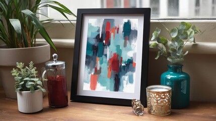 Poster - An abstract painting leans against a light-colored wall in a living room, with sunlight illuminating its brushstrokes. Green plants and decor surround the artwork