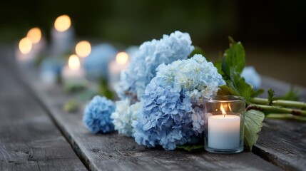 Poster - Pale blue hydrangeas rest beside glowing tealight candles on a rustic wooden surface, evoking calm and reflection in a serene and intimate setting