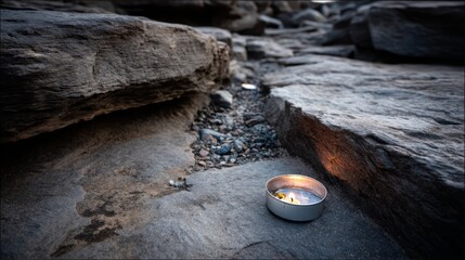 Aufkleber - A single lit candle rests in a rocky crevice, casting warm light on the surrounding rough stone while contrasting sharply against the cool shadows around it