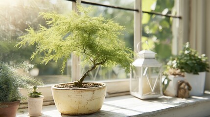 Poster - A cozy wooden table showcases a small bonsai tree and a geometric potted plant, all illuminated by soft natural light in a calming interior space