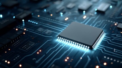Aufkleber - A microchip emits a soft glow with a holographic shield display, suspended above a shiny surface. The design highlights future technology with blue accents