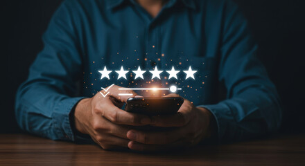 Wall Mural - rating experience: man giving 5-star review on phone. boost customer satisfaction & online reputatio