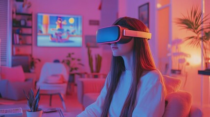 Poster - A woman is fully immersed in a virtual reality experience, wearing a VR headset in a trendy living room lit with vibrant colors. She focuses intently as a screen displays animated content.