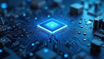 Fototapete - Futuristic blue circuit board with CPU, central processing unit. Motherboard computer chips, technology science background. Processor core with glowing neon lights. Concept of electrical engineering,