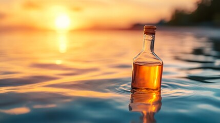 Aufkleber - A glass bottle drifts on the surface of a pool, catching the vibrant tones of a sunset. Ripples create dynamic distortions, enhancing the calming atmosphere
